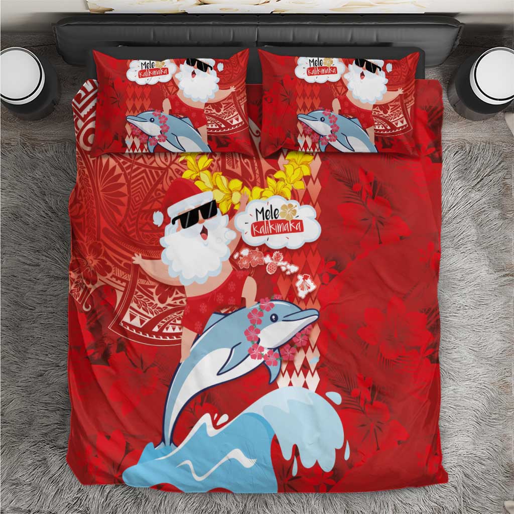 Hawaiian Mele Kalikimaka Bedding Set Funny Santa Riding Lei Dolphin with Kakau Tattoos - Polynesian Pride