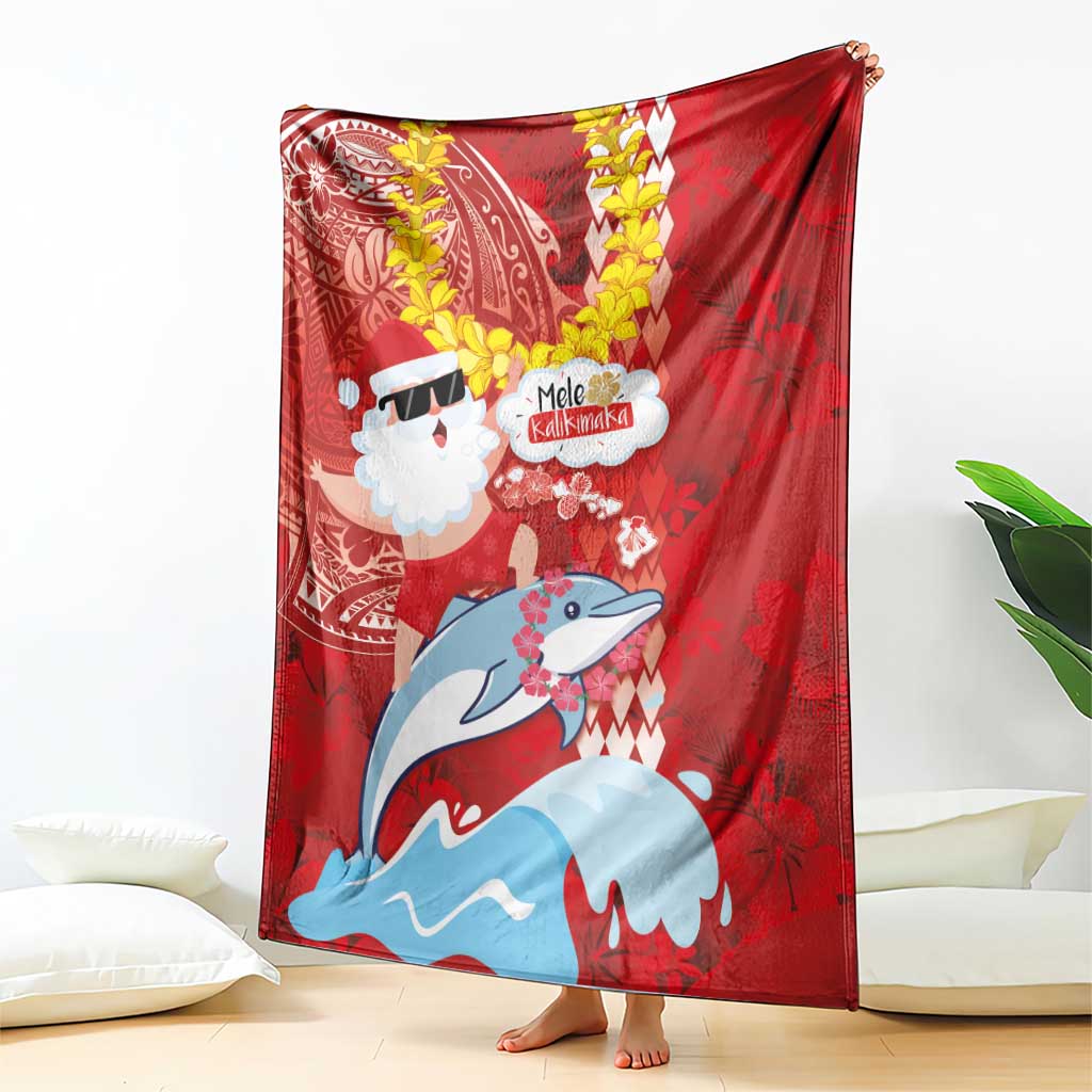 Hawaiian Mele Kalikimaka Blanket Funny Santa Riding Lei Dolphin with Kakau Tattoos - Polynesian Pride