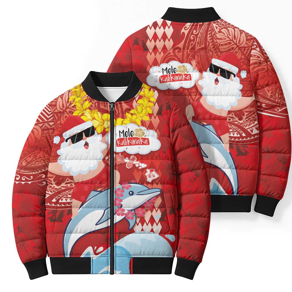 Hawaiian Mele Kalikimaka Bomber Puffer Jacket Funny Santa Riding Lei Dolphin with Kakau Tattoos - Polynesian Pride