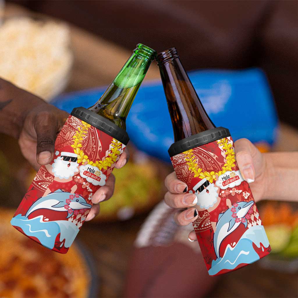 Hawaiian Mele Kalikimaka 4 in 1 Can Cooler Tumbler Funny Santa Riding Lei Dolphin with Kakau Tattoos - Polynesian Pride