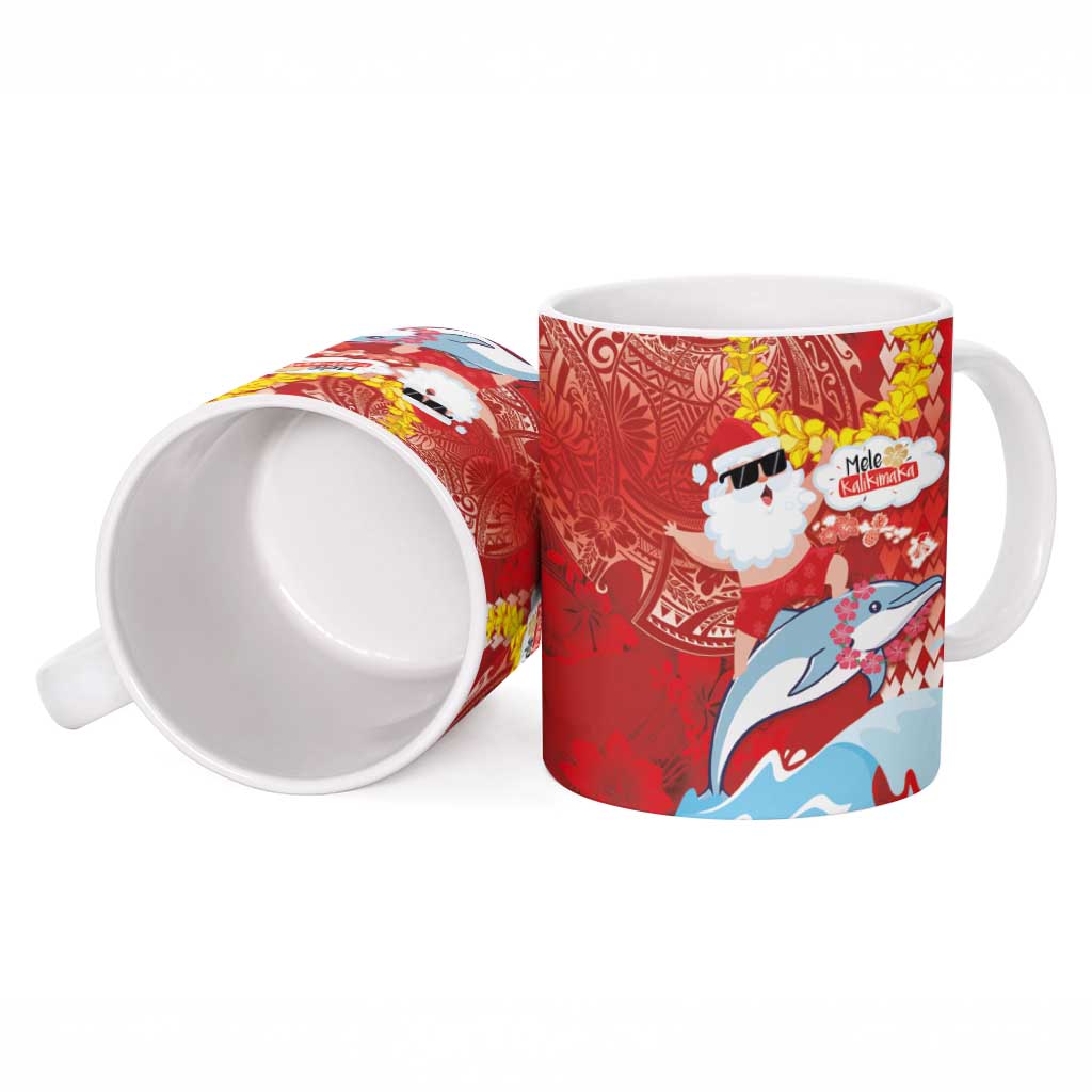 Hawaiian Mele Kalikimaka Ceramic Mug Funny Santa Riding Lei Dolphin with Kakau Tattoos - Polynesian Pride