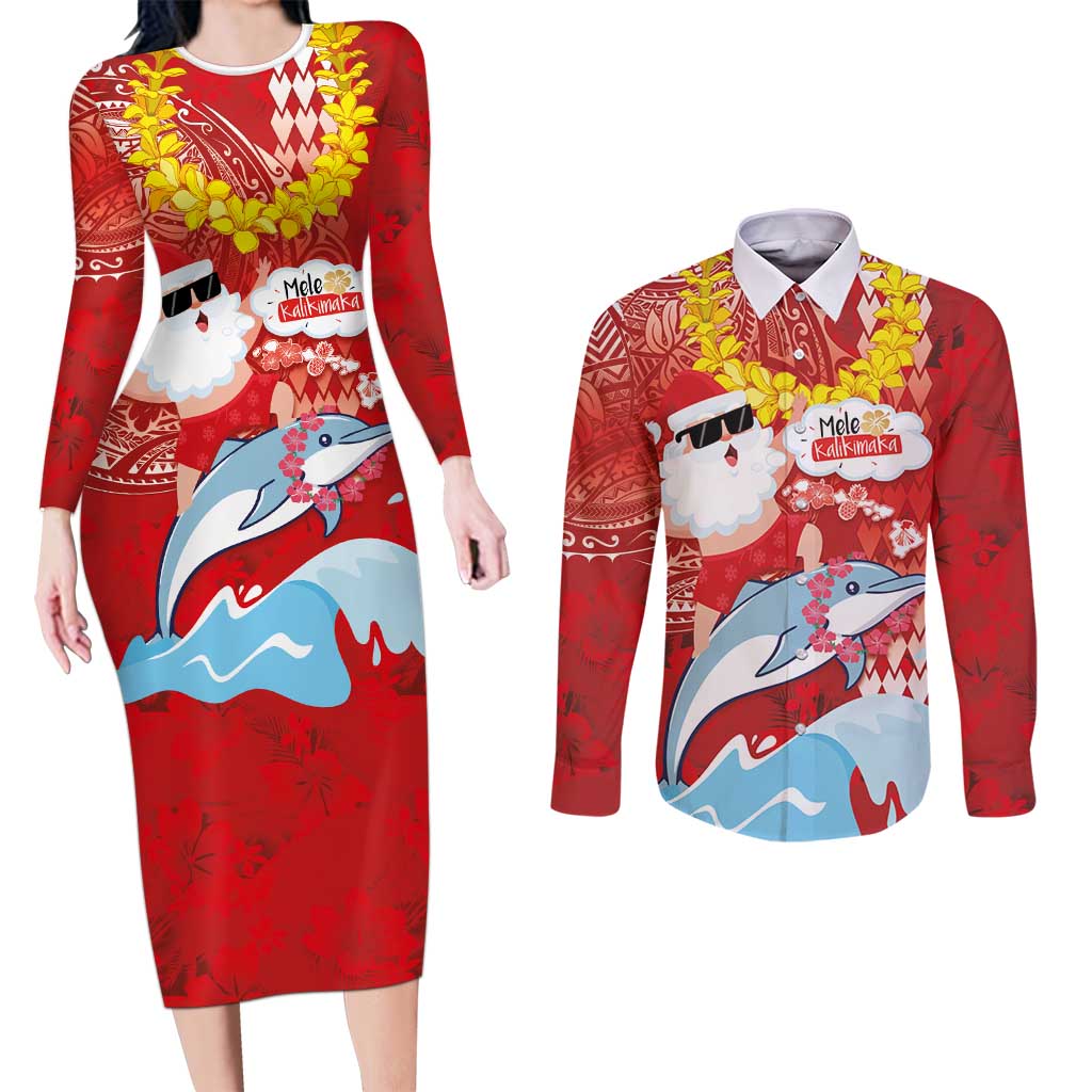 Hawaiian Mele Kalikimaka Couples Matching Long Sleeve Bodycon Dress and Long Sleeve Button Shirt Funny Santa Riding Lei Dolphin with Kakau Tattoos - Polynesian Pride