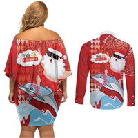 Hawaiian Mele Kalikimaka Couples Matching Off Shoulder Short Dress and Long Sleeve Button Shirt Funny Santa Riding Lei Dolphin with Kakau Tattoos - Polynesian Pride