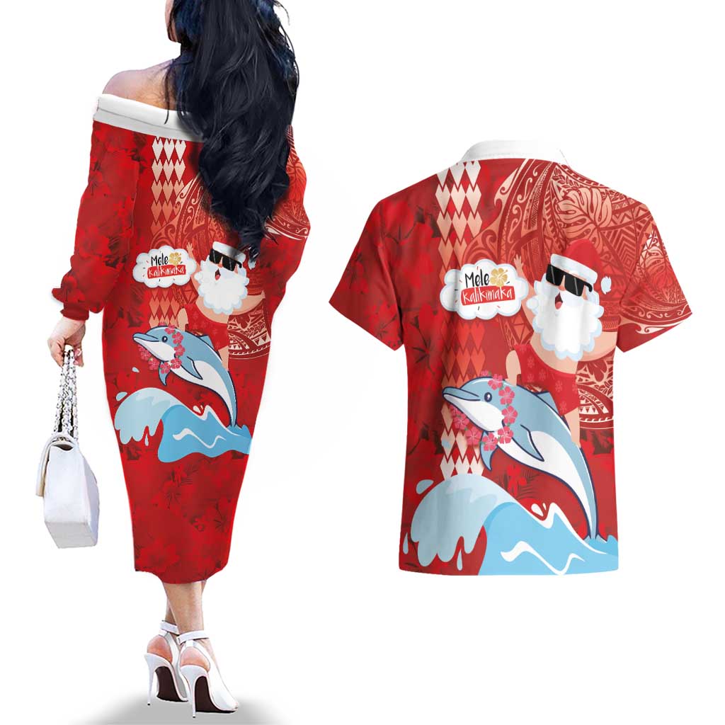 Hawaiian Mele Kalikimaka Couples Matching Off The Shoulder Long Sleeve Dress and Hawaiian Shirt Funny Santa Riding Lei Dolphin with Kakau Tattoos - Polynesian Pride