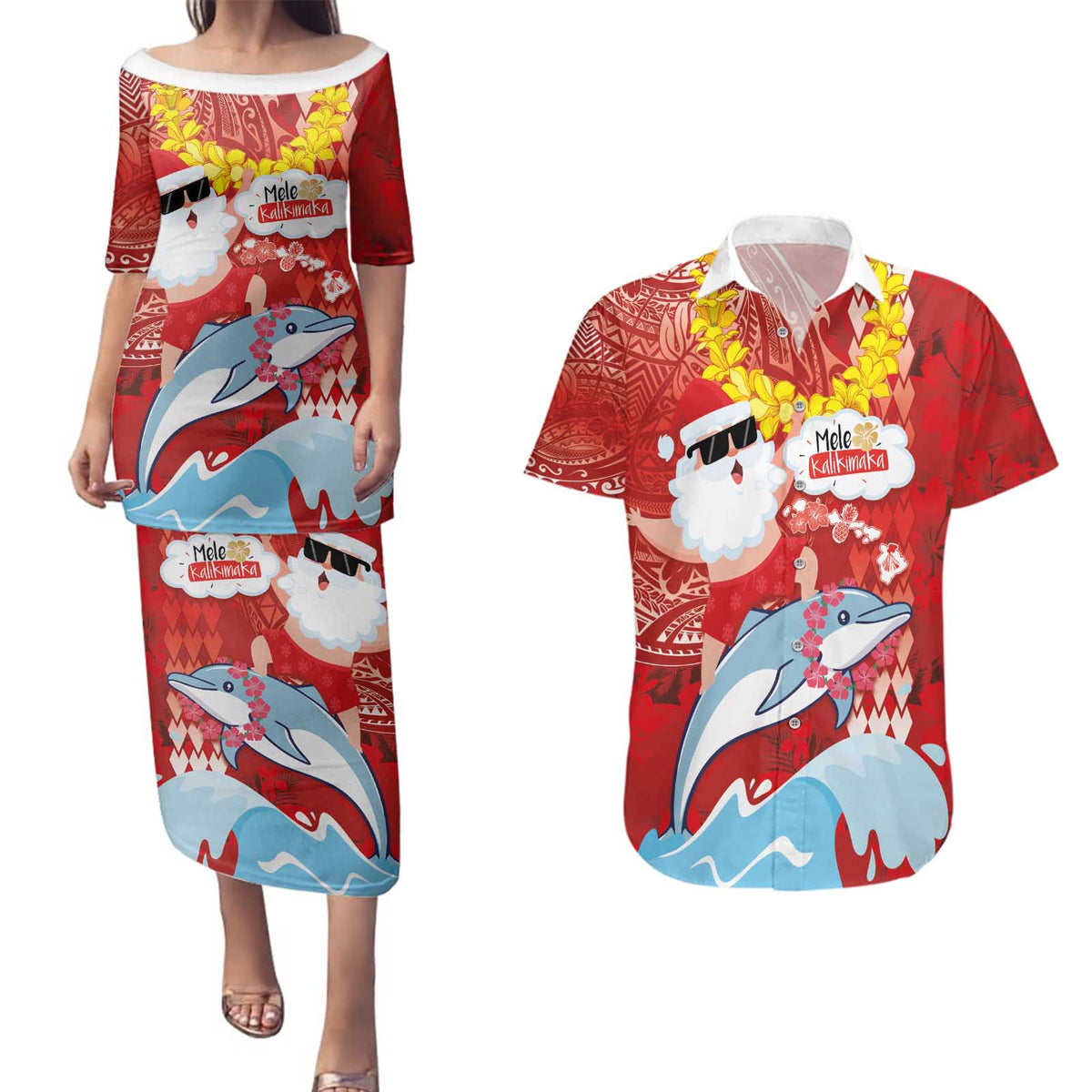 Hawaiian Mele Kalikimaka Couples Matching Puletasi and Hawaiian Shirt Funny Santa Riding Lei Dolphin with Kakau Tattoos - Polynesian Pride