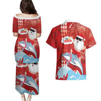 Hawaiian Mele Kalikimaka Couples Matching Puletasi and Hawaiian Shirt Funny Santa Riding Lei Dolphin with Kakau Tattoos - Polynesian Pride