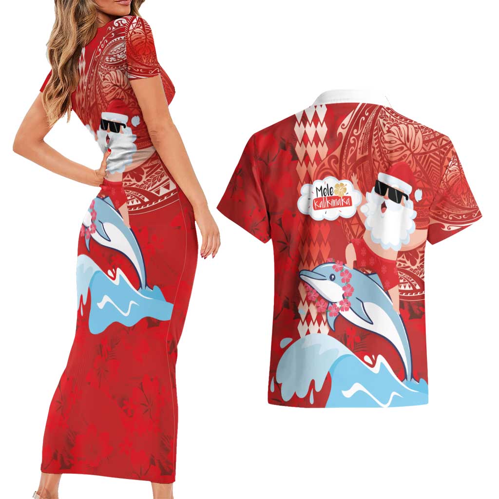 Hawaiian Mele Kalikimaka Couples Matching Short Sleeve Bodycon Dress and Hawaiian Shirt Funny Santa Riding Lei Dolphin with Kakau Tattoos - Polynesian Pride