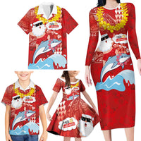 Hawaiian Mele Kalikimaka Family Matching Long Sleeve Bodycon Dress and Hawaiian Shirt Funny Santa Riding Lei Dolphin with Kakau Tattoos - Polynesian Pride