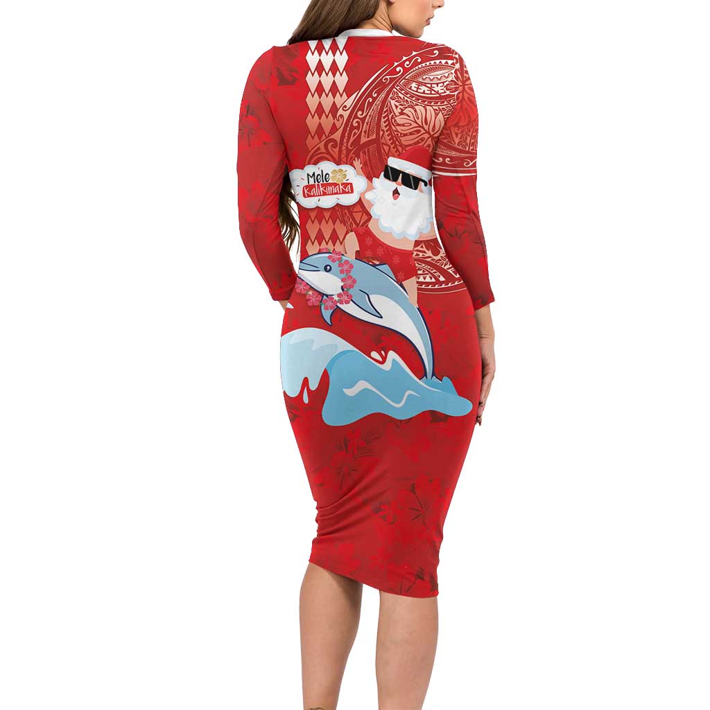 Hawaiian Mele Kalikimaka Family Matching Long Sleeve Bodycon Dress and Hawaiian Shirt Funny Santa Riding Lei Dolphin with Kakau Tattoos - Polynesian Pride