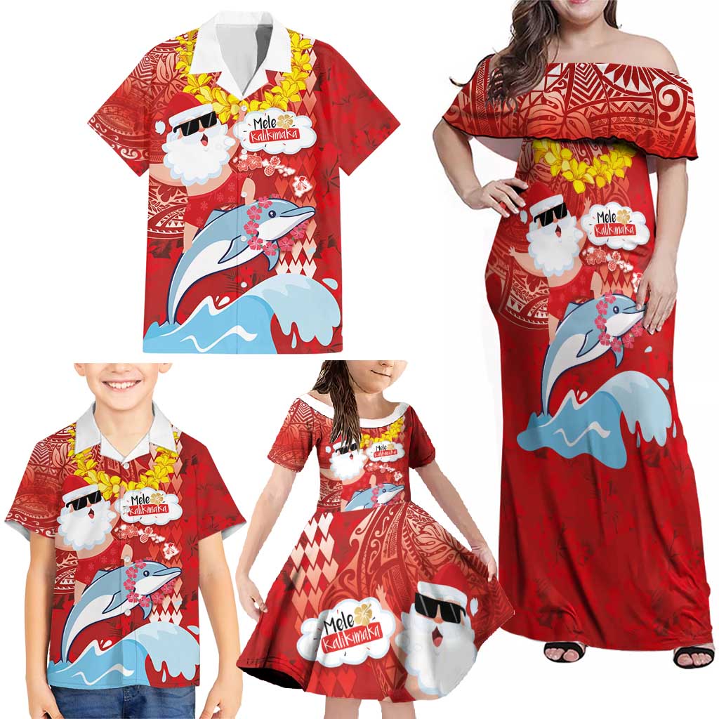 Hawaiian Mele Kalikimaka Family Matching Off Shoulder Maxi Dress and Hawaiian Shirt Funny Santa Riding Lei Dolphin with Kakau Tattoos - Polynesian Pride
