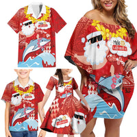 Hawaiian Mele Kalikimaka Family Matching Off Shoulder Short Dress and Hawaiian Shirt Funny Santa Riding Lei Dolphin with Kakau Tattoos - Polynesian Pride