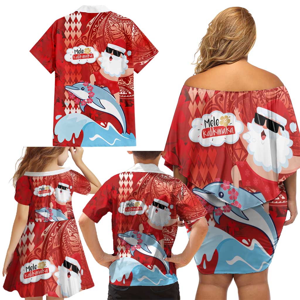 Hawaiian Mele Kalikimaka Family Matching Off Shoulder Short Dress and Hawaiian Shirt Funny Santa Riding Lei Dolphin with Kakau Tattoos - Polynesian Pride