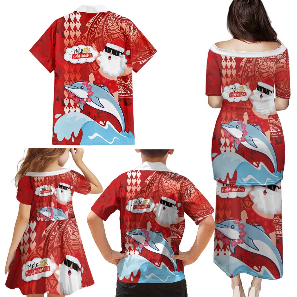Hawaiian Mele Kalikimaka Family Matching Puletasi and Hawaiian Shirt Funny Santa Riding Lei Dolphin with Kakau Tattoos - Polynesian Pride