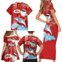 Hawaiian Mele Kalikimaka Family Matching Short Sleeve Bodycon Dress and Hawaiian Shirt Funny Santa Riding Lei Dolphin with Kakau Tattoos - Polynesian Pride