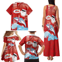 Hawaiian Mele Kalikimaka Family Matching Tank Maxi Dress and Hawaiian Shirt Funny Santa Riding Lei Dolphin with Kakau Tattoos - Polynesian Pride