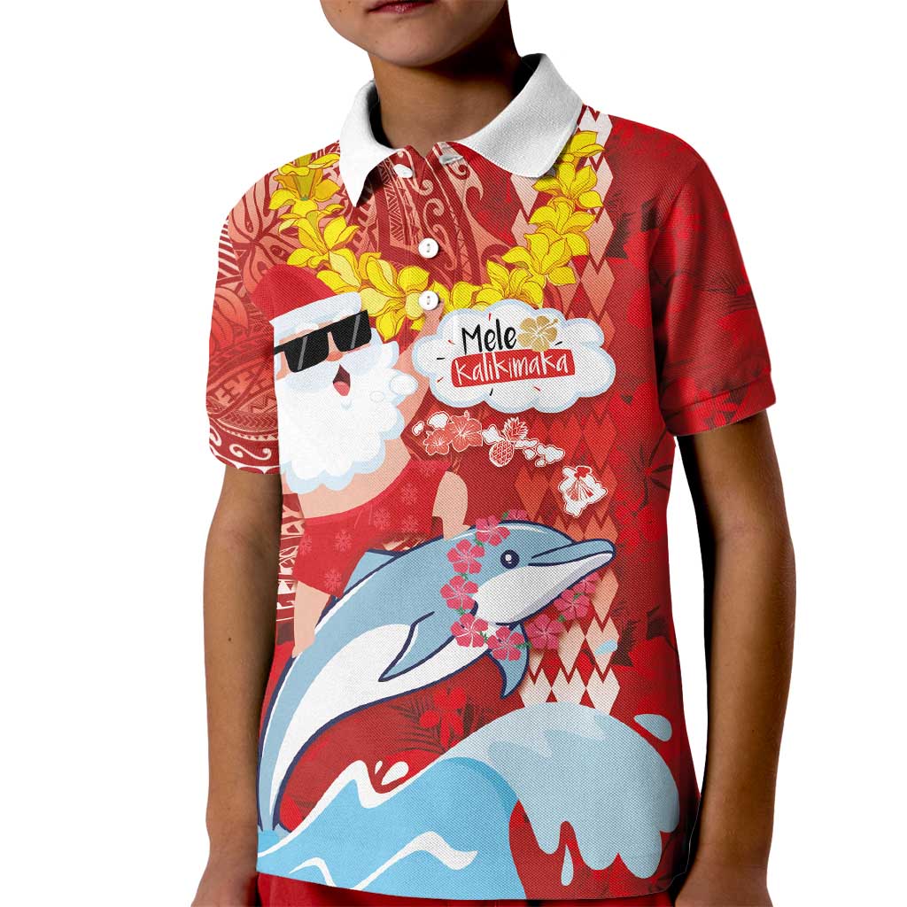 Hawaiian Mele Kalikimaka Kid Polo Shirt Funny Santa Riding Lei Dolphin with Kakau Tattoos - Polynesian Pride
