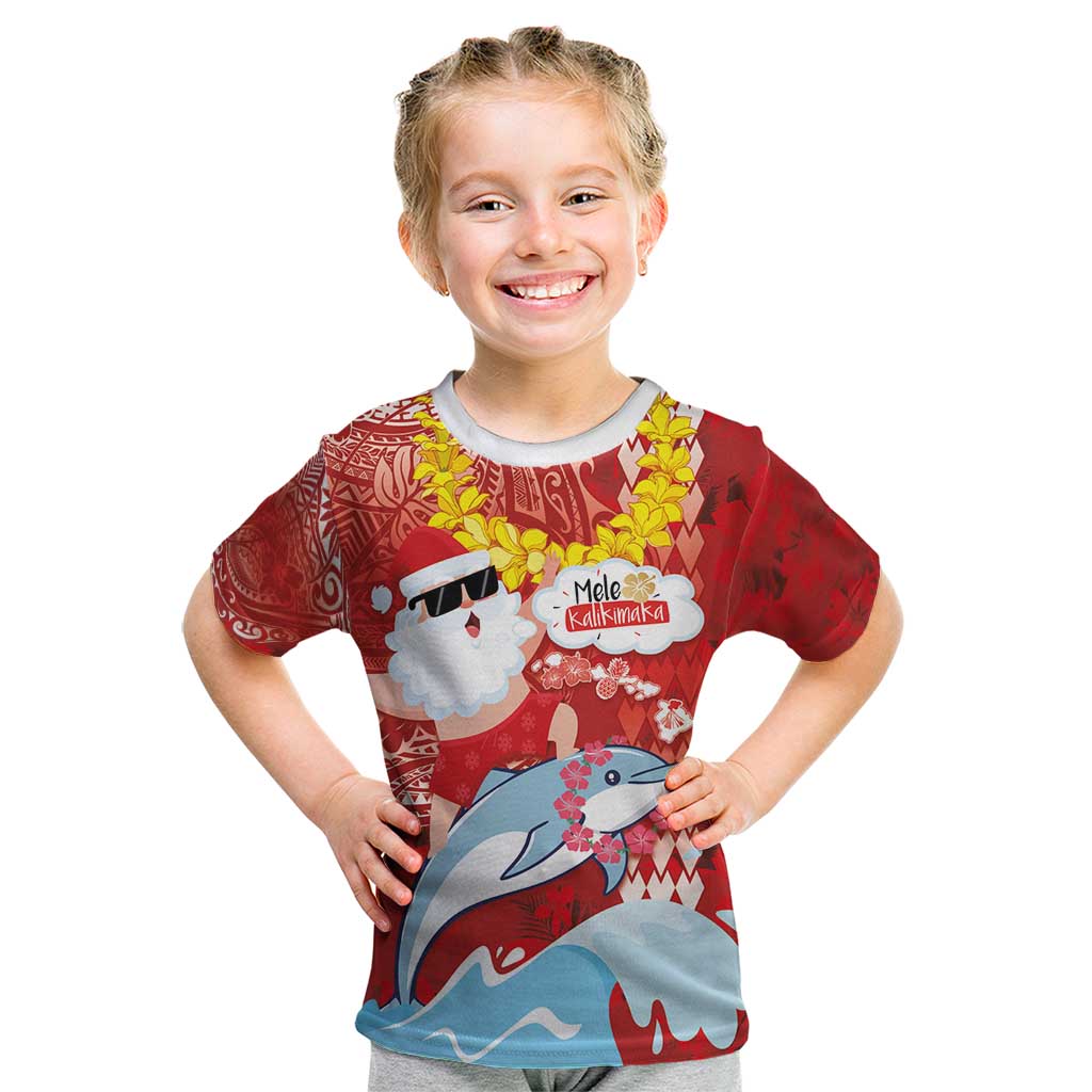 Hawaiian Mele Kalikimaka Kid T Shirt Funny Santa Riding Lei Dolphin with Kakau Tattoos - Polynesian Pride
