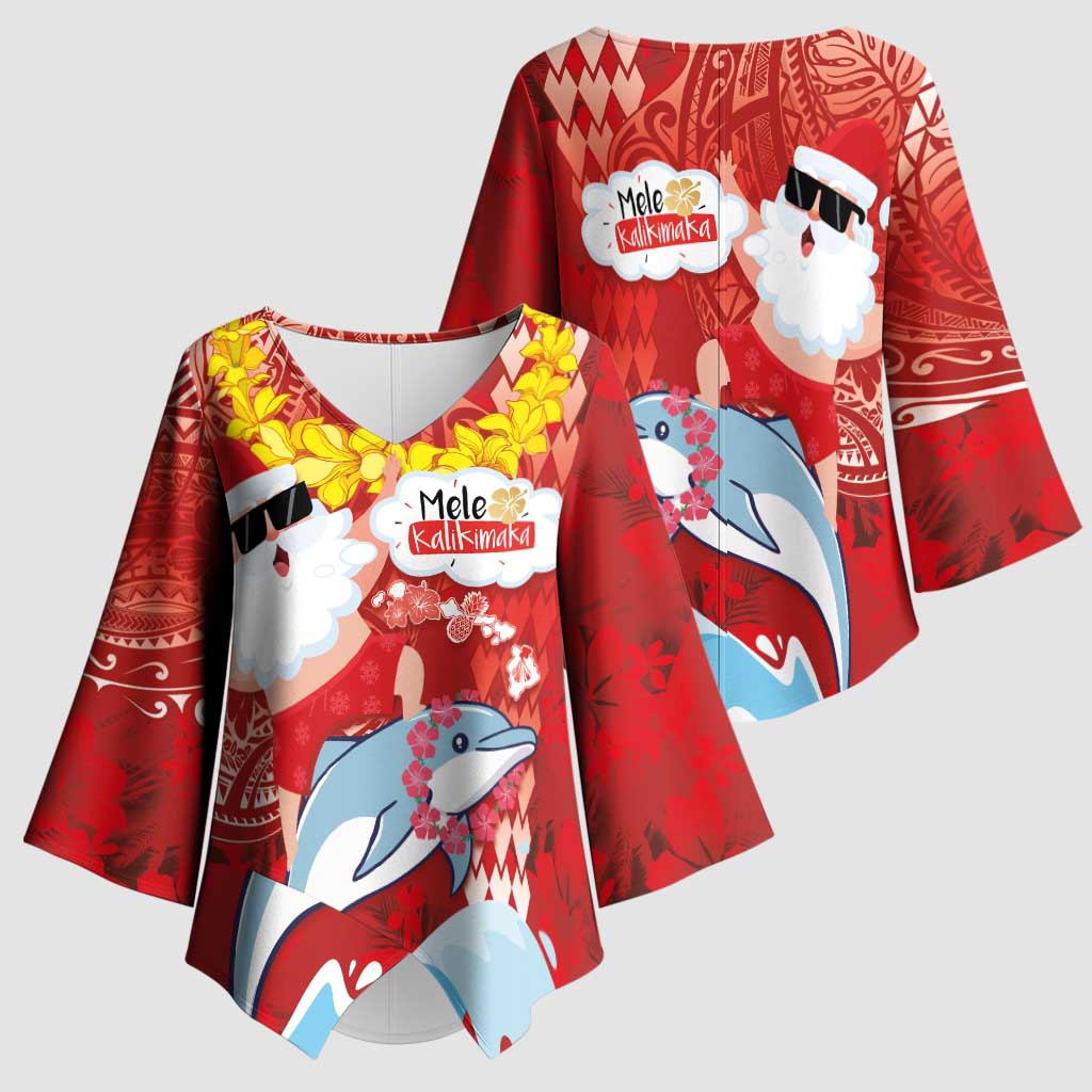 Hawaiian Mele Kalikimaka Kimono Sleeve Blouse Funny Santa Riding Lei Dolphin with Kakau Tattoos - Polynesian Pride