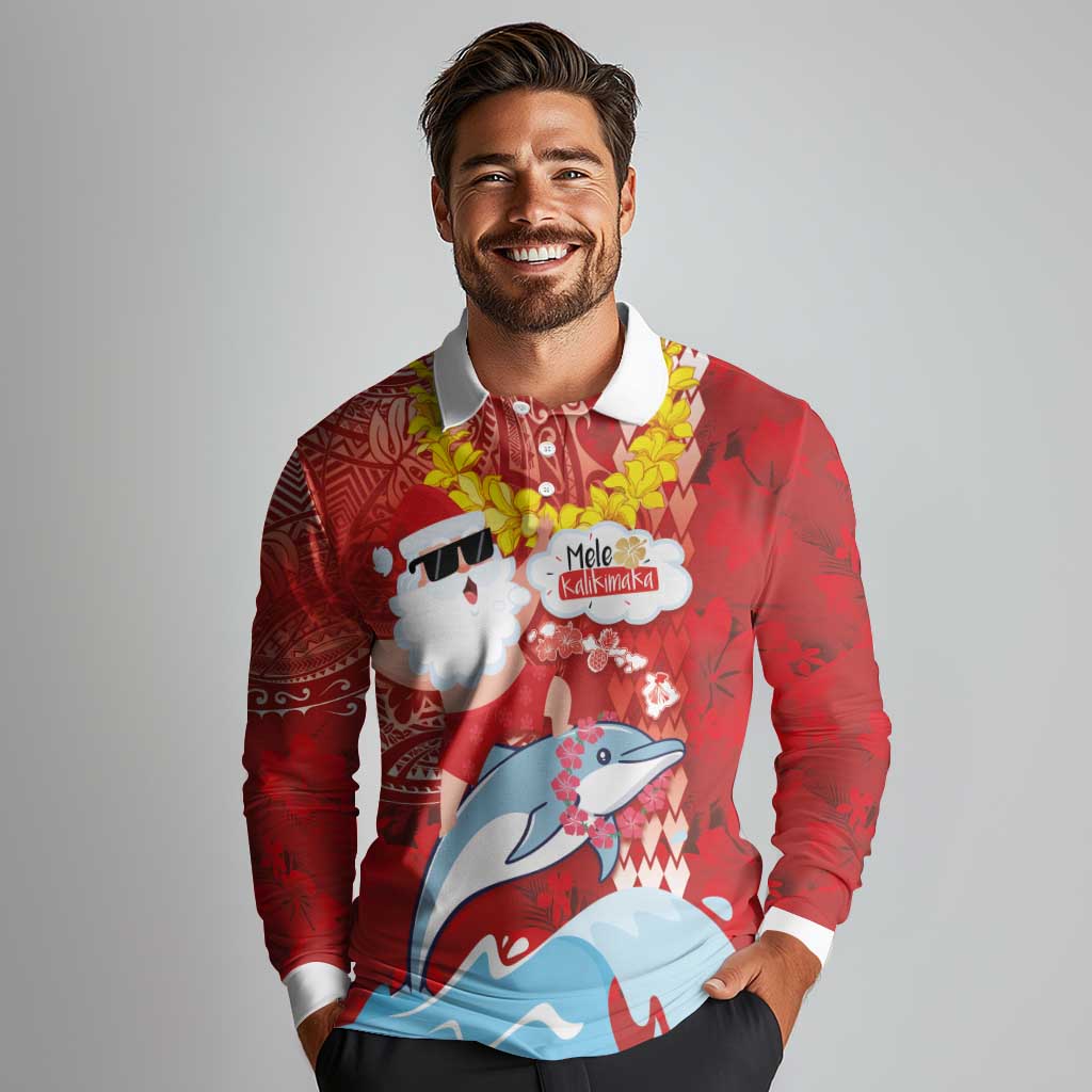 Hawaiian Mele Kalikimaka Long Sleeve Polo Shirt Funny Santa Riding Lei Dolphin with Kakau Tattoos - Polynesian Pride
