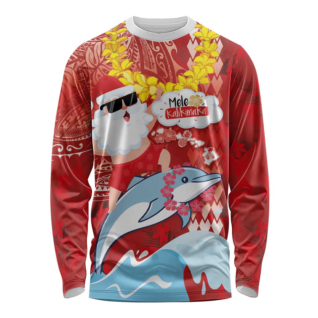 Hawaiian Mele Kalikimaka Long Sleeve Shirt Funny Santa Riding Lei Dolphin with Kakau Tattoos - Polynesian Pride