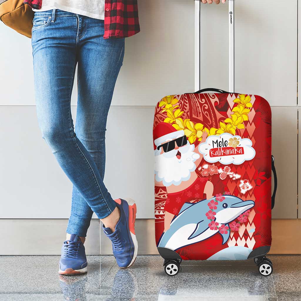 Hawaiian Mele Kalikimaka Luggage Cover Funny Santa Riding Lei Dolphin with Kakau Tattoos - Polynesian Pride