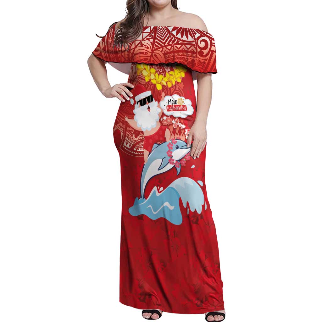 Hawaiian Mele Kalikimaka Off Shoulder Maxi Dress Funny Santa Riding Lei Dolphin with Kakau Tattoos - Polynesian Pride