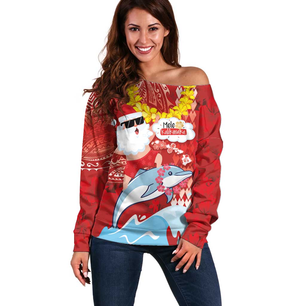 Hawaiian Mele Kalikimaka Off Shoulder Sweater Funny Santa Riding Lei Dolphin with Kakau Tattoos - Polynesian Pride