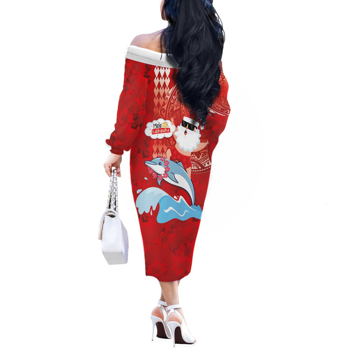 Hawaiian Mele Kalikimaka Off The Shoulder Long Sleeve Dress Funny Santa Riding Lei Dolphin with Kakau Tattoos - Polynesian Pride
