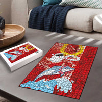 Hawaiian Mele Kalikimaka Puzzle Funny Santa Riding Lei Dolphin with Kakau Tattoos - Polynesian Pride