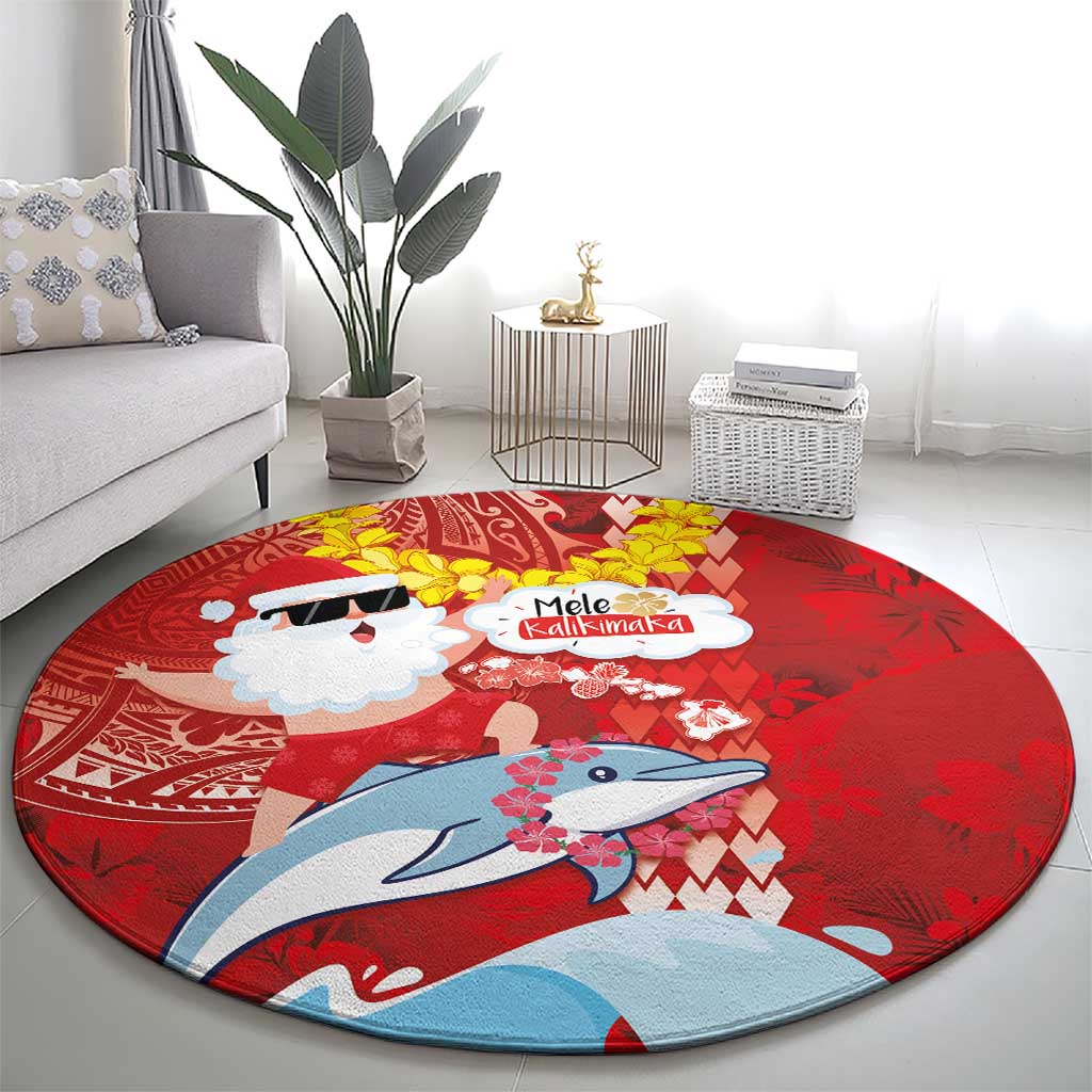 Hawaiian Mele Kalikimaka Round Carpet Funny Santa Riding Lei Dolphin with Kakau Tattoos - Polynesian Pride