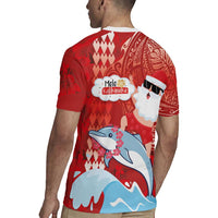 Hawaiian Mele Kalikimaka Rugby Jersey Funny Santa Riding Lei Dolphin with Kakau Tattoos - Polynesian Pride