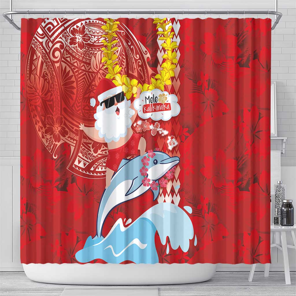 Hawaiian Mele Kalikimaka Shower Curtain Funny Santa Riding Lei Dolphin with Kakau Tattoos - Polynesian Pride