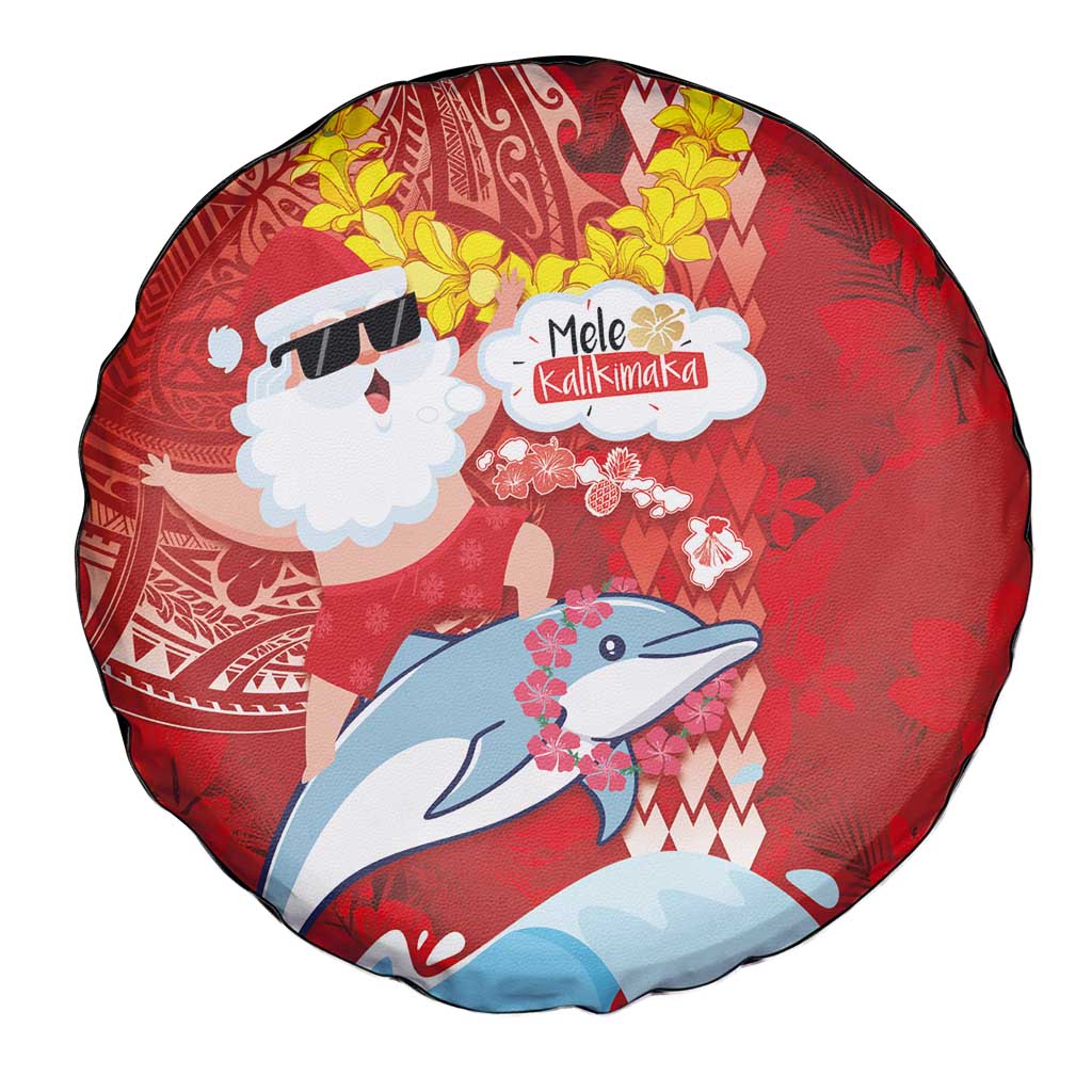 Hawaiian Mele Kalikimaka Spare Tire Cover Funny Santa Riding Lei Dolphin with Kakau Tattoos - Polynesian Pride