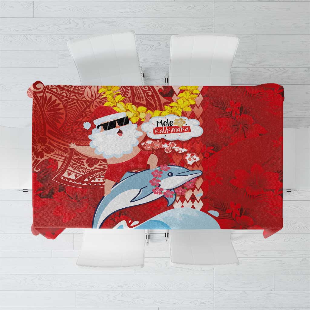 Hawaiian Mele Kalikimaka Tablecloth Funny Santa Riding Lei Dolphin with Kakau Tattoos - Polynesian Pride