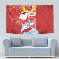 Hawaiian Mele Kalikimaka Tapestry Funny Santa Riding Lei Dolphin with Kakau Tattoos - Polynesian Pride