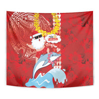 Hawaiian Mele Kalikimaka Tapestry Funny Santa Riding Lei Dolphin with Kakau Tattoos - Polynesian Pride