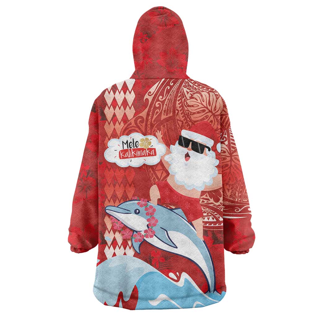 Hawaiian Mele Kalikimaka Wearable Blanket Hoodie Funny Santa Riding Lei Dolphin with Kakau Tattoos - Polynesian Pride