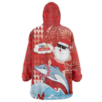 Hawaiian Mele Kalikimaka Wearable Blanket Hoodie Funny Santa Riding Lei Dolphin with Kakau Tattoos - Polynesian Pride
