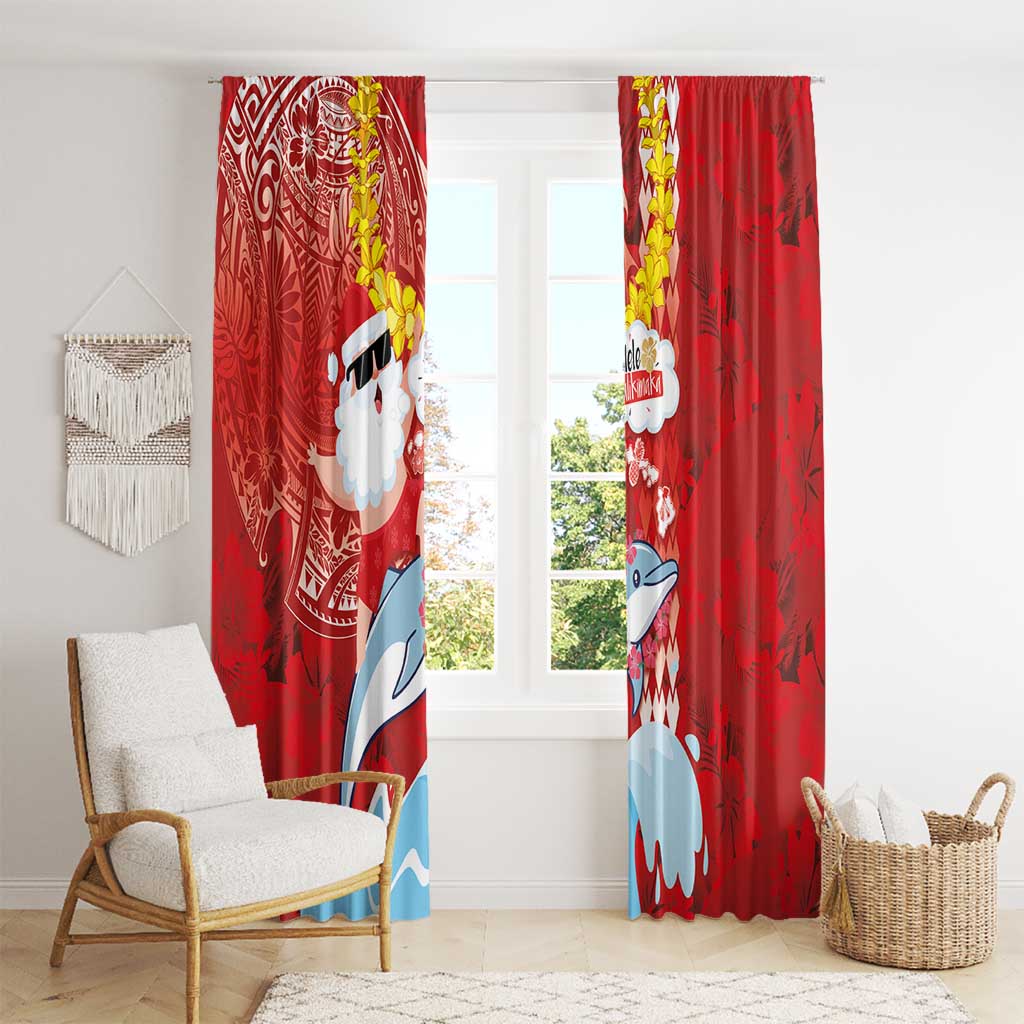 Hawaiian Mele Kalikimaka Window Curtain Funny Santa Riding Lei Dolphin with Kakau Tattoos - Polynesian Pride