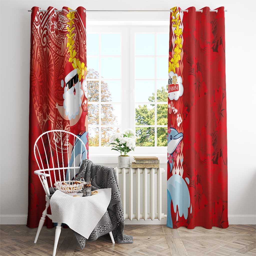 Hawaiian Mele Kalikimaka Window Curtain Funny Santa Riding Lei Dolphin with Kakau Tattoos - Polynesian Pride