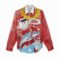Hawaiian Mele Kalikimaka Women Casual Shirt Funny Santa Riding Lei Dolphin with Kakau Tattoos - Polynesian Pride