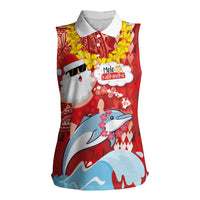 Hawaiian Mele Kalikimaka Women Sleeveless Polo Shirt Funny Santa Riding Lei Dolphin with Kakau Tattoos - Polynesian Pride