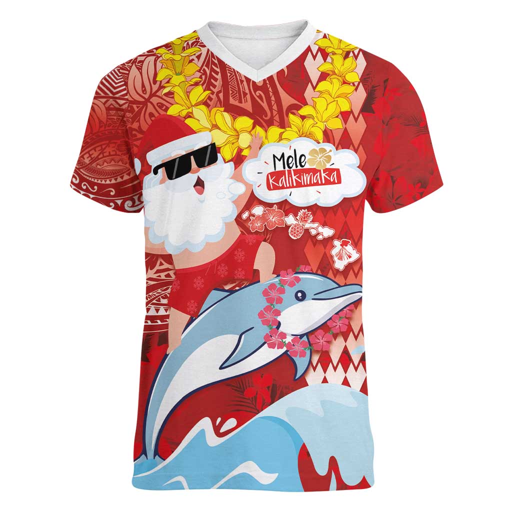 Hawaiian Mele Kalikimaka Women V-Neck T-Shirt Funny Santa Riding Lei Dolphin with Kakau Tattoos - Polynesian Pride