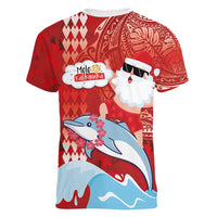 Hawaiian Mele Kalikimaka Women V-Neck T-Shirt Funny Santa Riding Lei Dolphin with Kakau Tattoos - Polynesian Pride