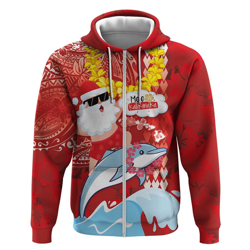 Hawaiian Mele Kalikimaka Zip Hoodie Funny Santa Riding Lei Dolphin with Kakau Tattoos - Polynesian Pride