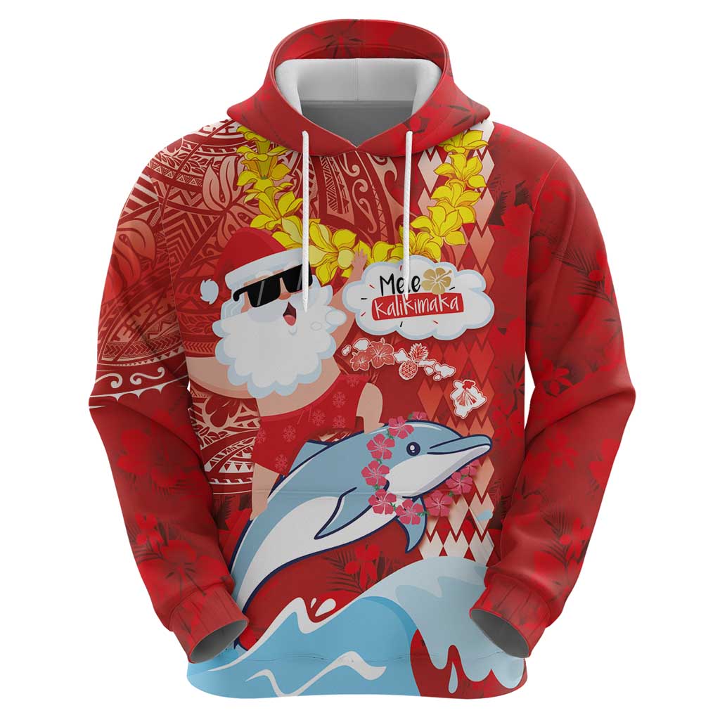 Hawaiian Mele Kalikimaka Zip Hoodie Funny Santa Riding Lei Dolphin with Kakau Tattoos - Polynesian Pride