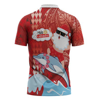 Hawaiian Mele Kalikimaka Zipper Polo Shirt Funny Santa Riding Lei Dolphin with Kakau Tattoos - Polynesian Pride