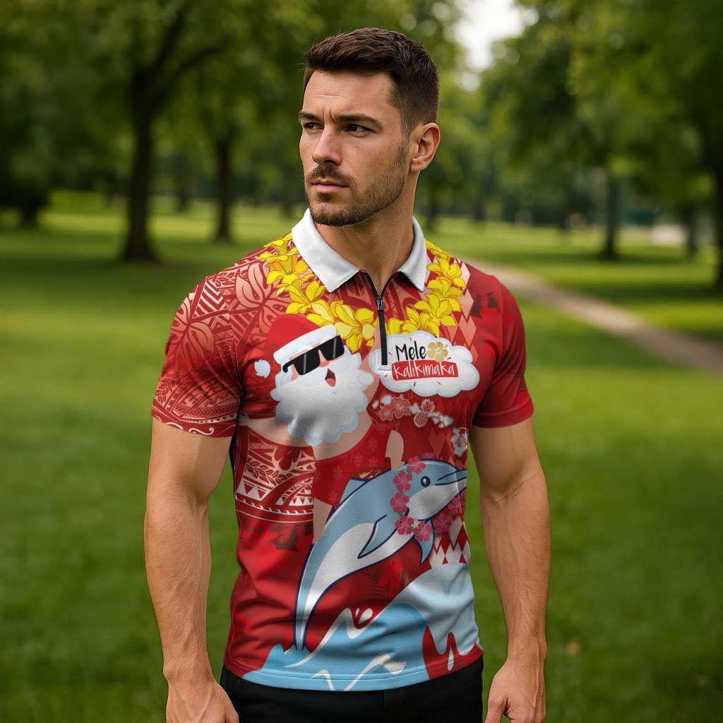 Hawaiian Mele Kalikimaka Zipper Polo Shirt Funny Santa Riding Lei Dolphin with Kakau Tattoos - Polynesian Pride