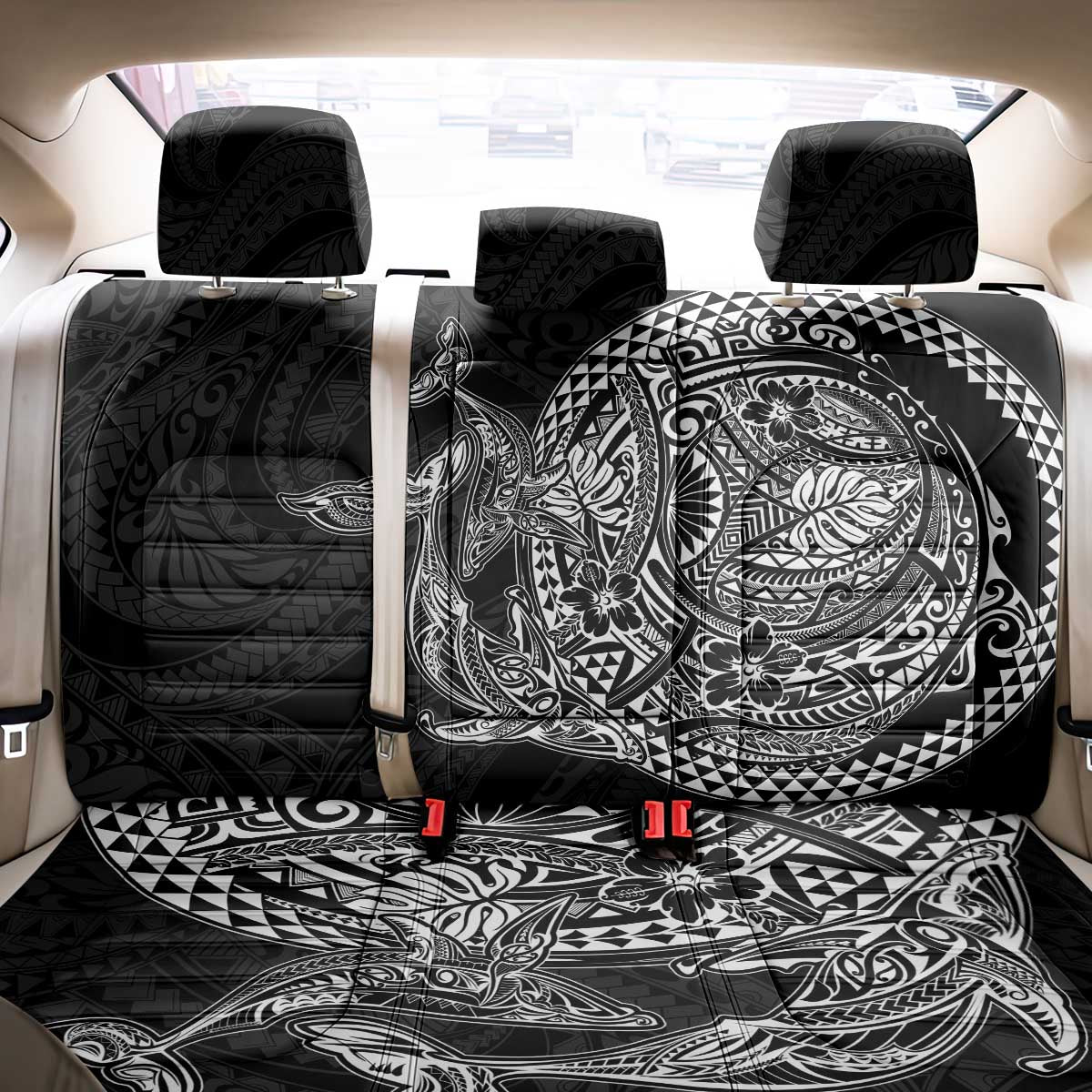 Hawaiian Whales Polynesian Art Motifs Back Car Seat Cover Black Color - Polynesian Pride