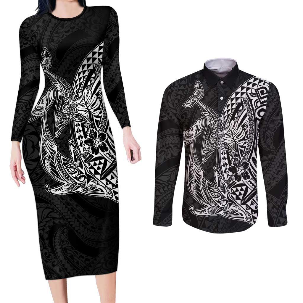 Hawaiian Whales Polynesian Art Motifs Couples Matching Long Sleeve Bodycon Dress and Long Sleeve Button Shirt Black Color - Polynesian Pride
